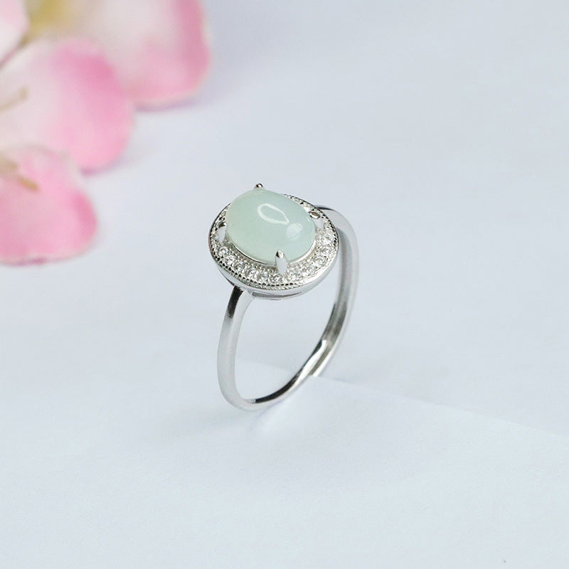 Zircon Halo Ring with Sterling Silver and Natural Myanmar Jade