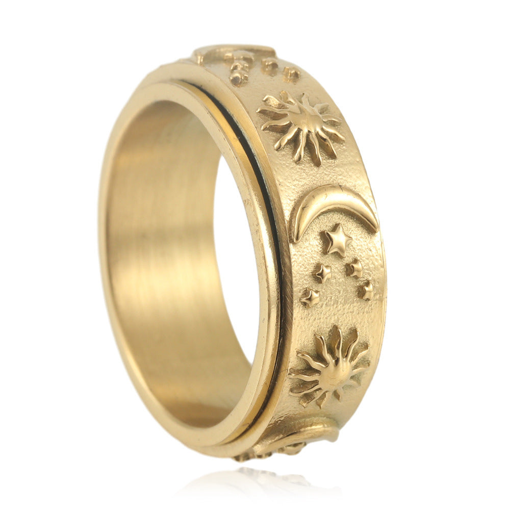 Titanium Steel Rotating Sun and Moon Ring for Men - Retro Stainless Steel Design