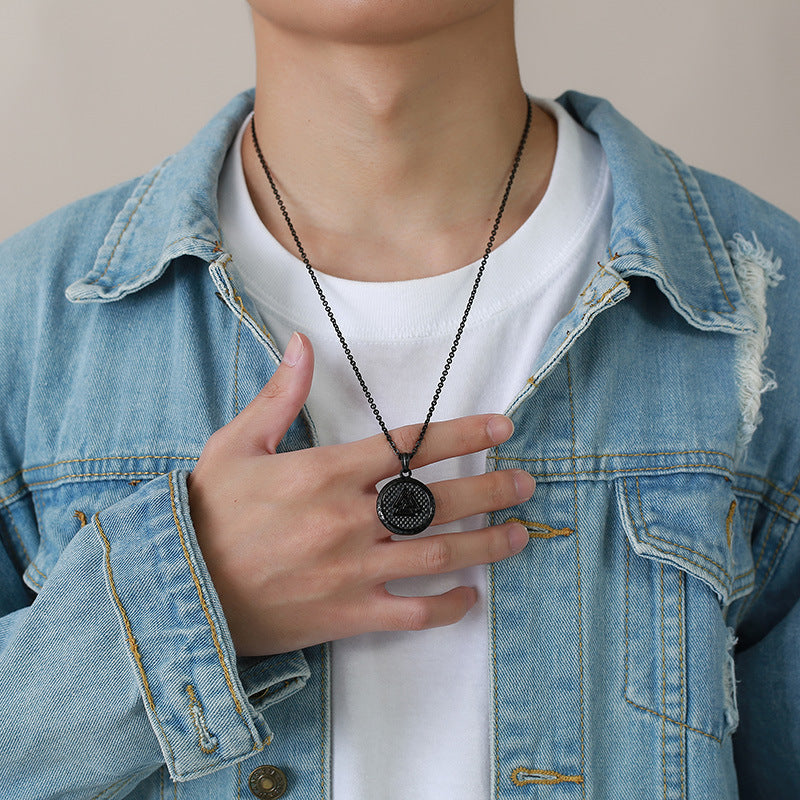 Stainless Steel Viking Pendant Black Men's Round Necklace