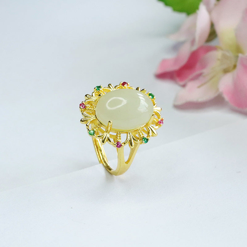 Hetian Jade Openwork Cabochon Ring