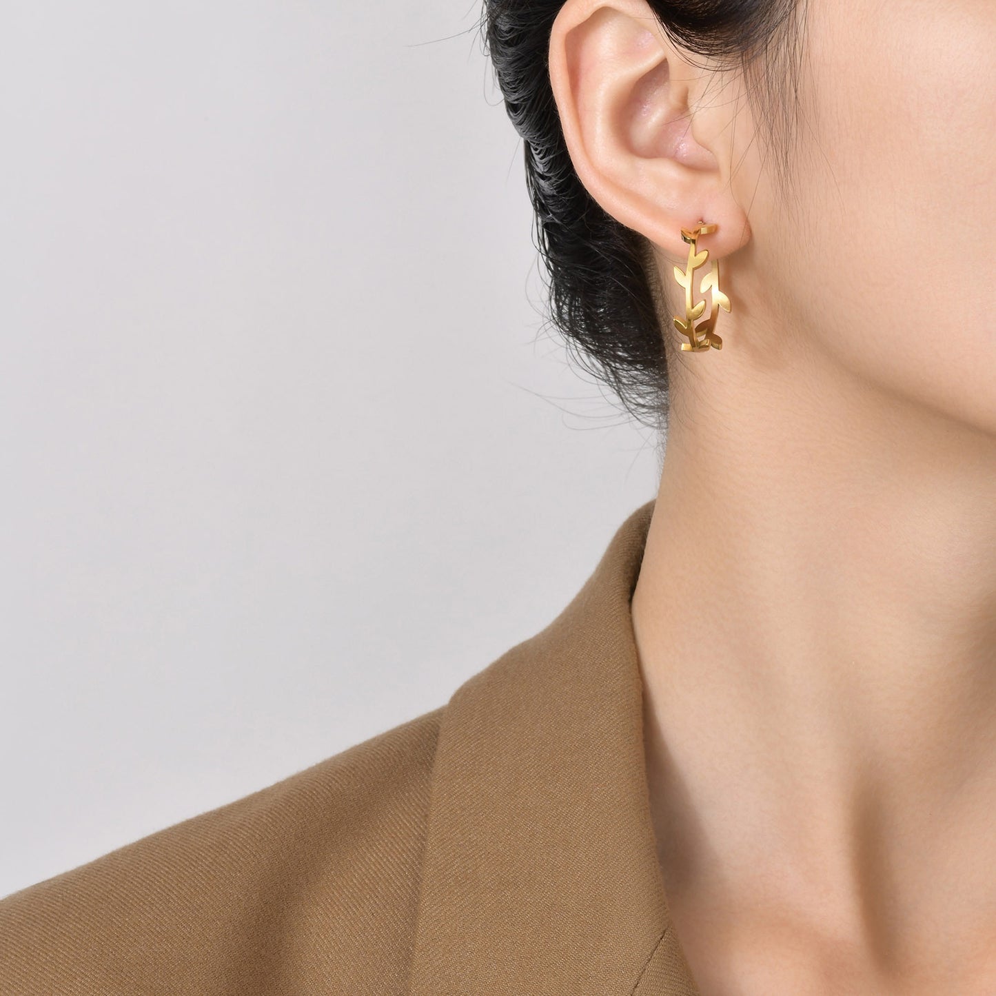 Stainless Steel Leaf C-Shaped Earrings Gold Women Jewelry