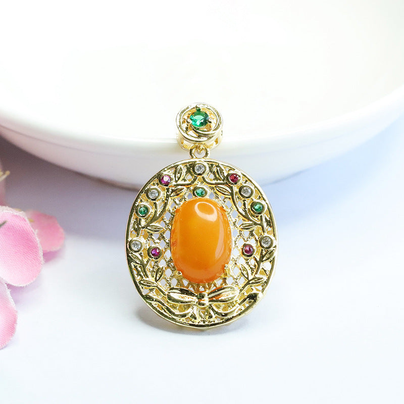 Amber Pendant Necklace with Zircon Garland and Sterling Silver Honey Wax Accents
