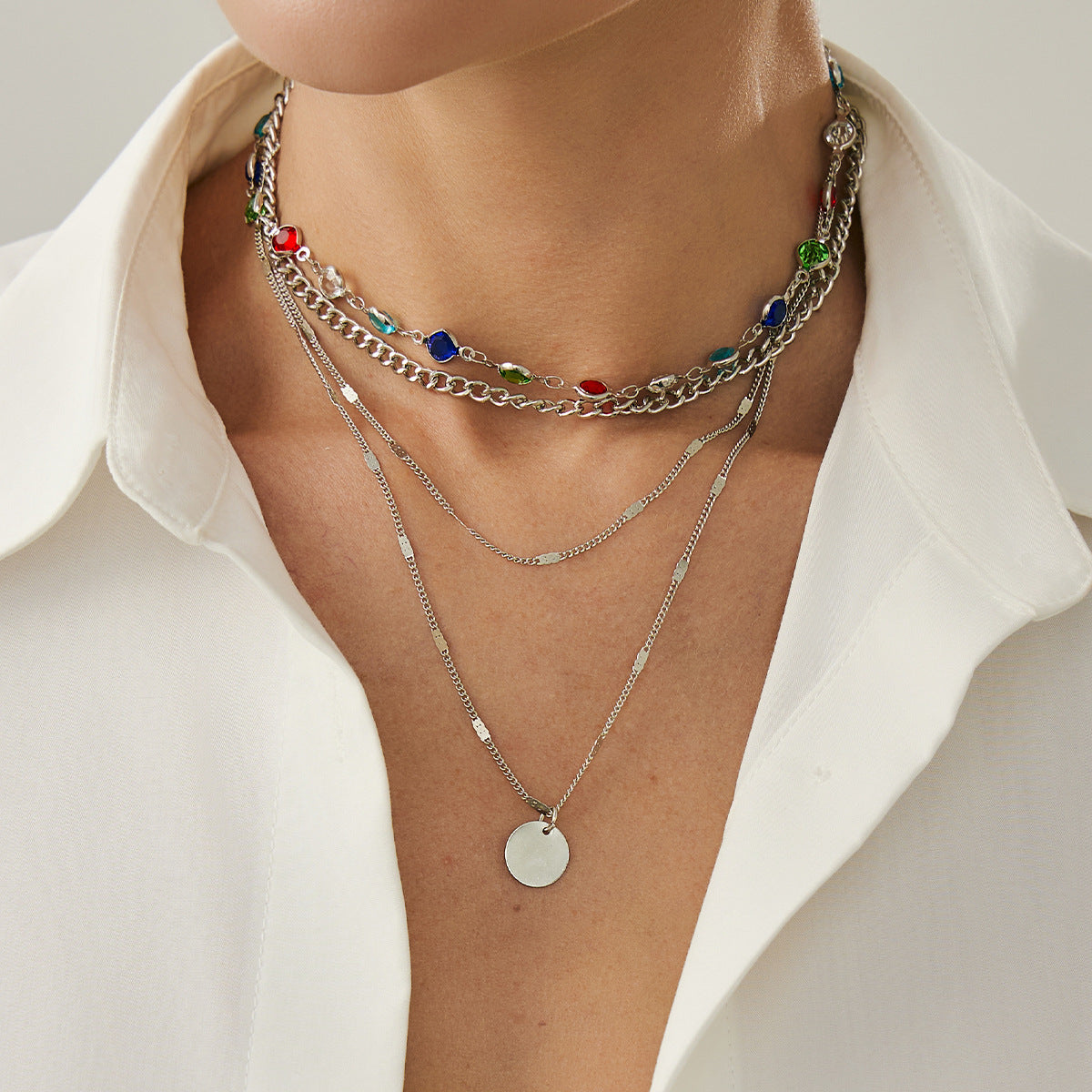 Crystal-Style Round Pendant Necklace