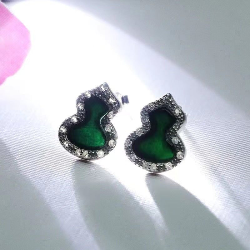 Dark Jadeite Gourd 925 Silver Stud Earrings