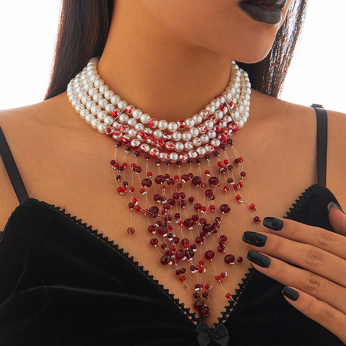 Gothic Pearl Crystal Blood-Drip Choker