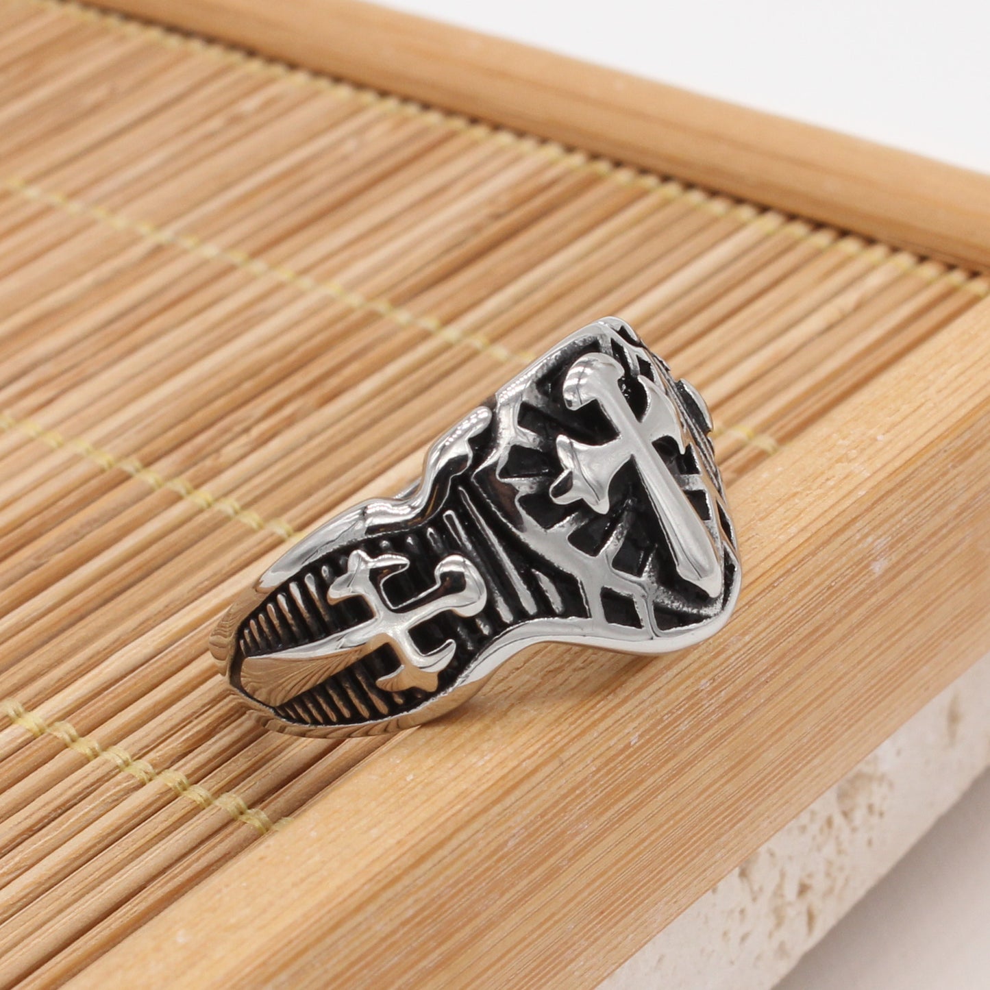 Planderful Retro Cross Shield Titanium Ring for Men and Unisex Personalized Protection Statement