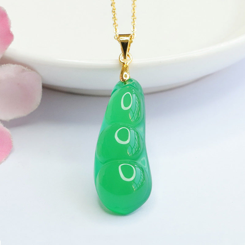 Golden Necklace with Natural Green Chalcedony Pendant