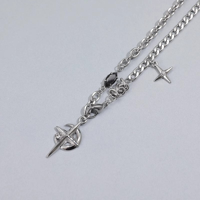 Planderful Jewelry Black Gemstone Star Moon Necklace In Stainless Steel Elegant Everyday Style