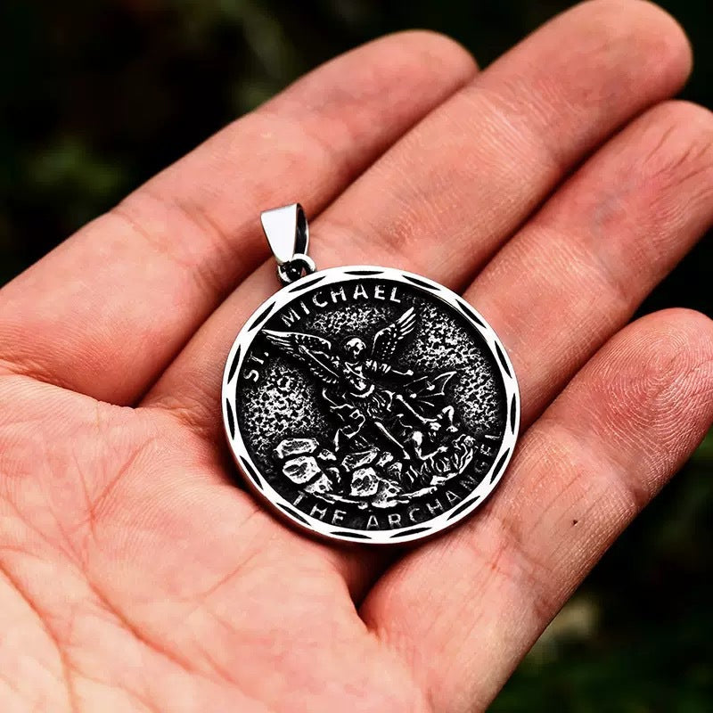 1. Planderful Stainless Steel Angel Pendant Necklace For Men Retro Round Design Elegant Gift For Him