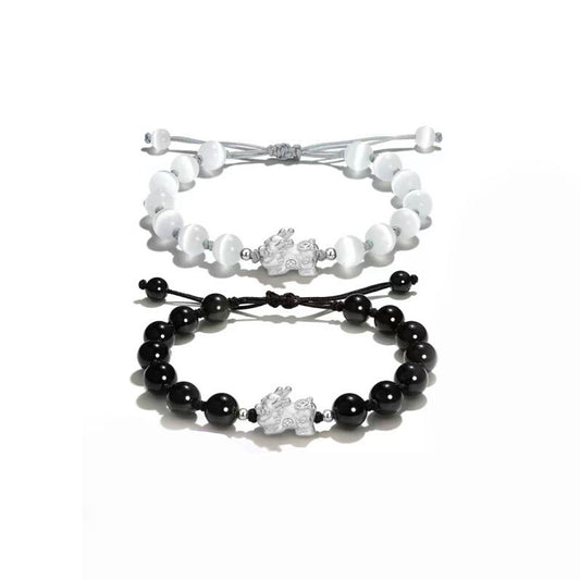 Pixiu Couple Obsidian and Pink Quartz Beaded Bracelet - Valentine's Day Gifts