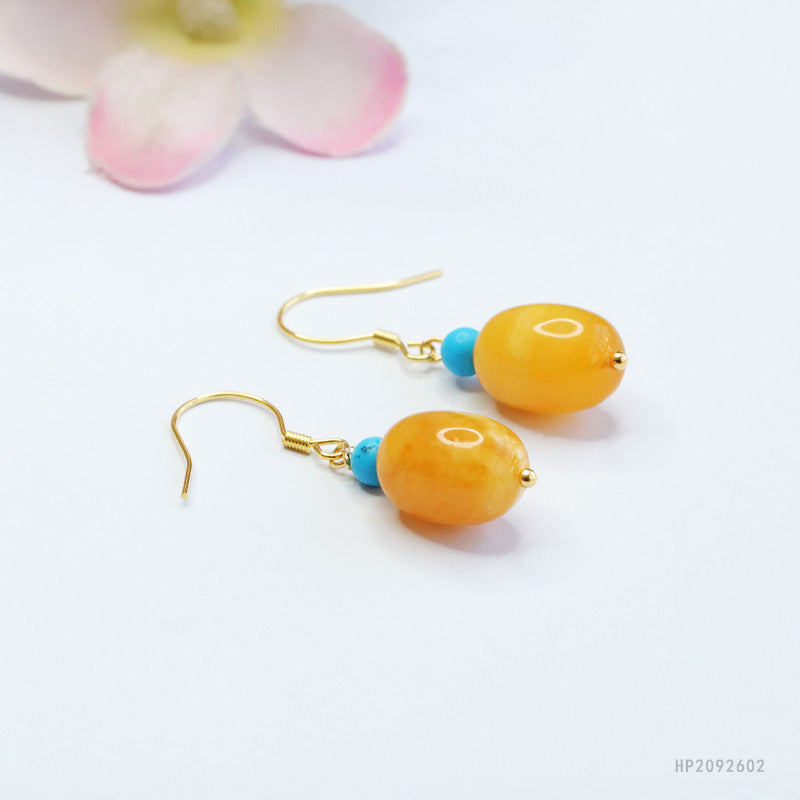 925 Sterling Silver Beeswax Amber Barrel Bead Earrings