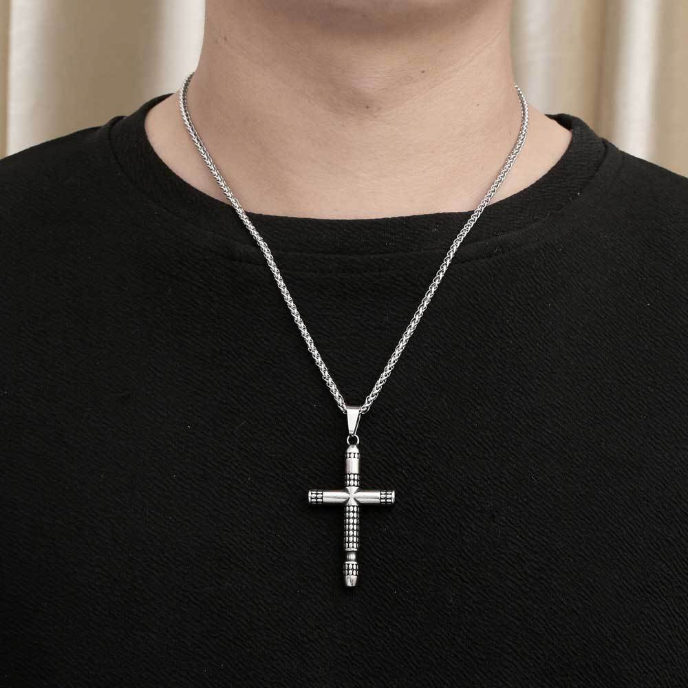 Titanium Steel Retro Cross Pendant Necklace for Men with Polka Dot Prayer Design