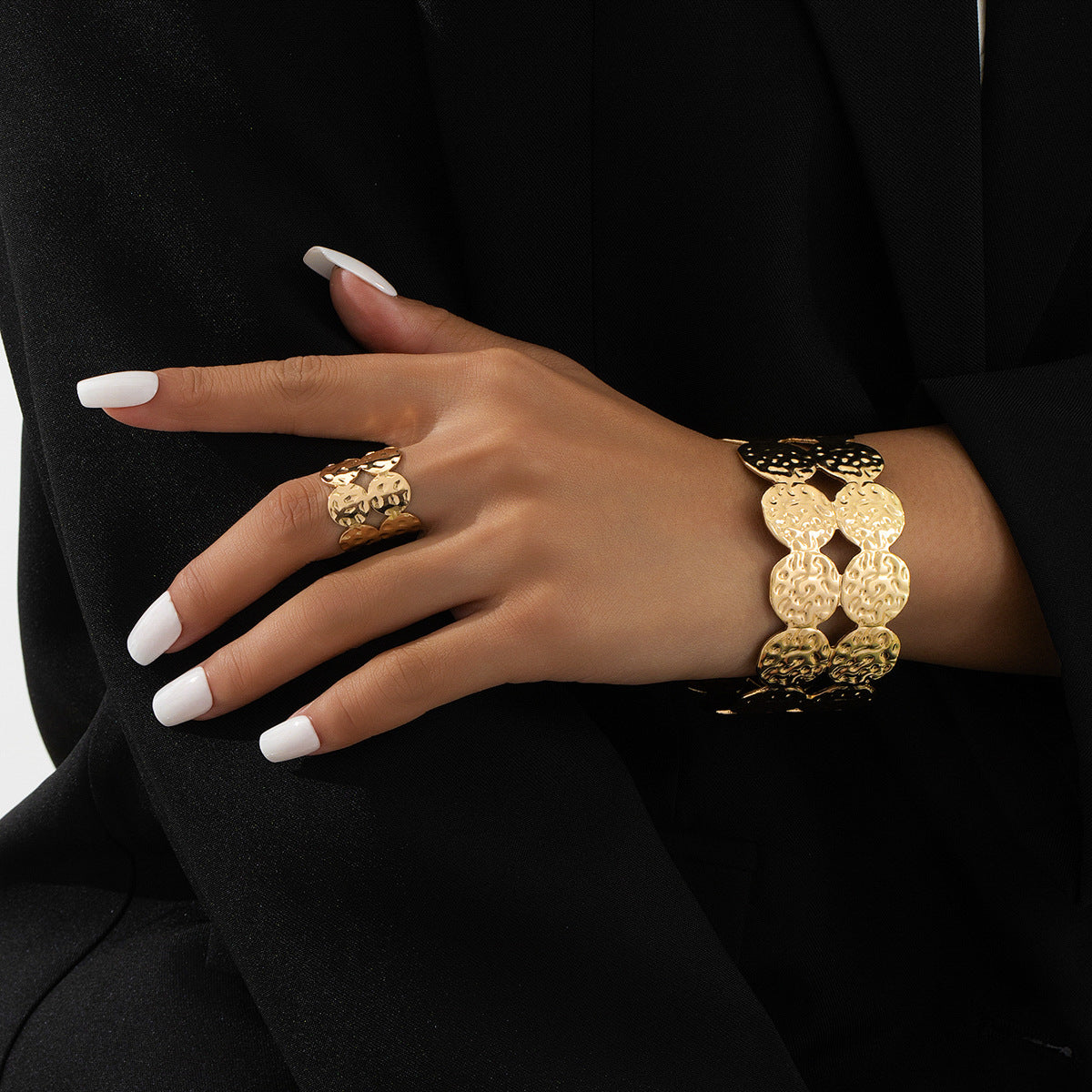 Retro Metal Geometric Bracelet Ring Set for Women by Planderful