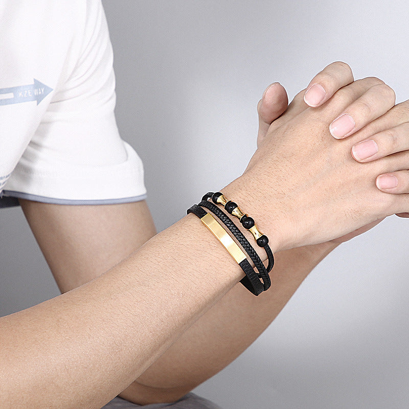 Planderful Mens Stainless Steel Braided Leather Bracelet