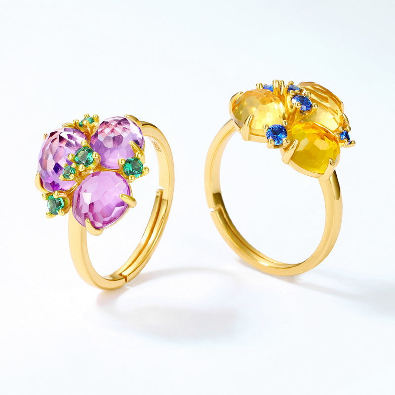 S925 Sterling Silver Gold-Plated Amethyst & Citrine Geometric Ring