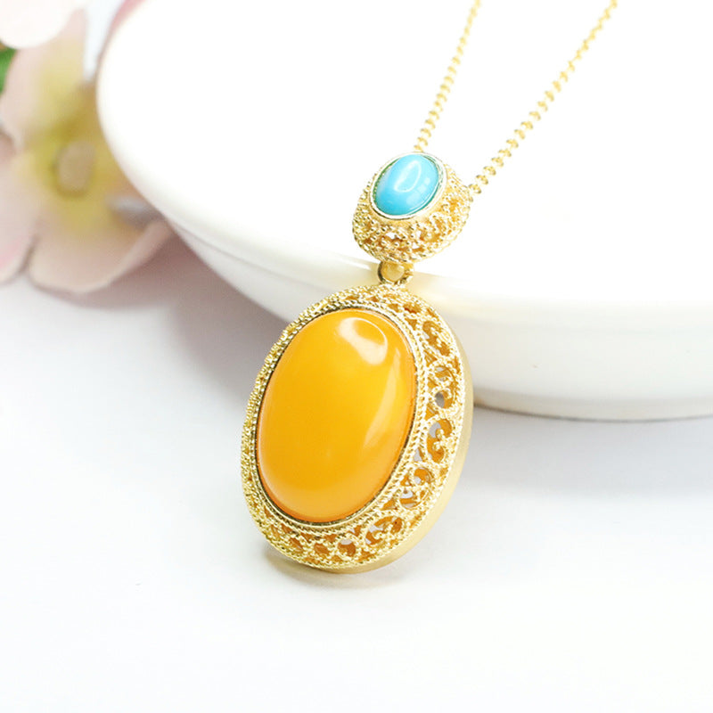 Golden Lace Edge Beeswax Amber Necklace with Sterling Silver Charm