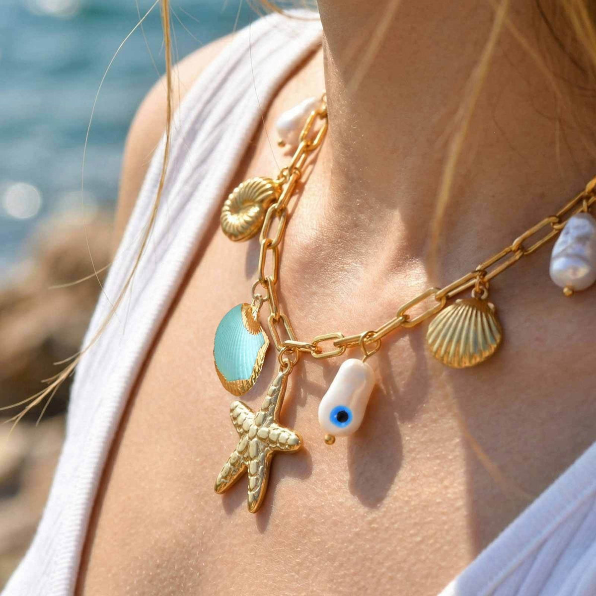 Ocean-Style Stainless Steel Pearl-Like Conch Shell Starfish Vacation Necklace