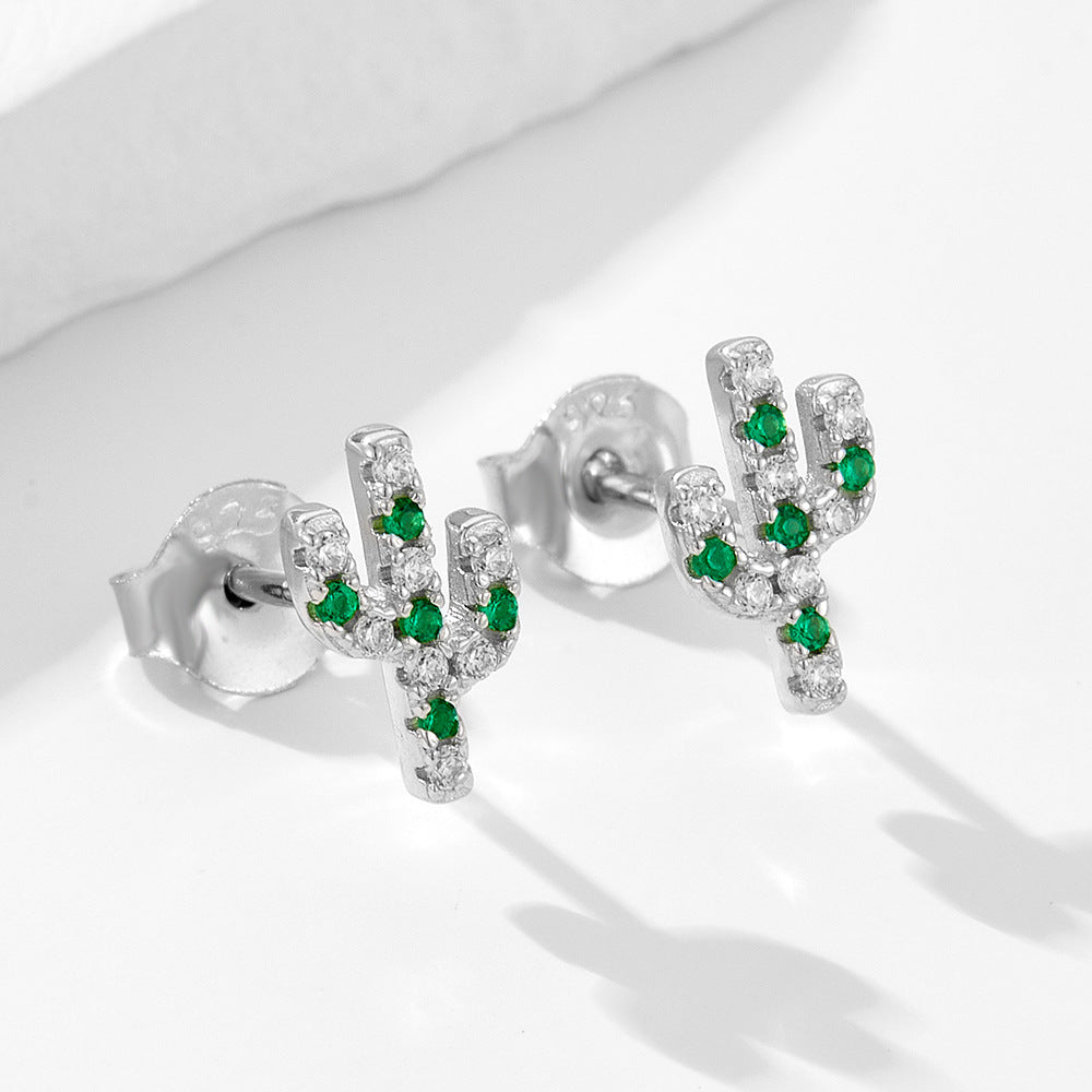 S925 Sterling Silver Cactus Micro-Inlaid Zircon Small Stud Earrings Inlaid Zircon Earrings