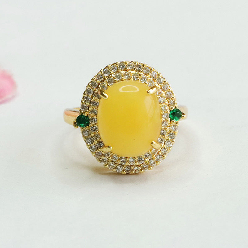 Honey Amber Beeswax Sterling Silver Halo Ring
