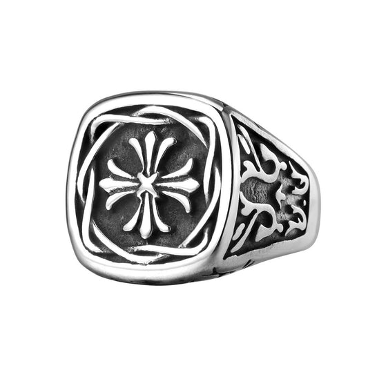 Retro Pattern Cross Flower Square Titanium Steel Ring for Men