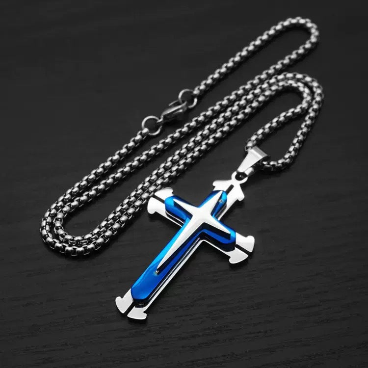 1. Planderful Stainless Steel Cross Necklace Men Three Layer Pendant Hip Hop Style Gift for Him