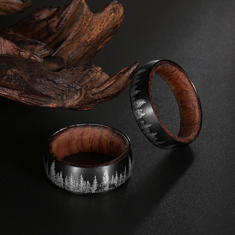 North American Timberwolf Titanium Steel Ring with High-Density Pear Wood Inner Lining - Unisex Solid Wood Band