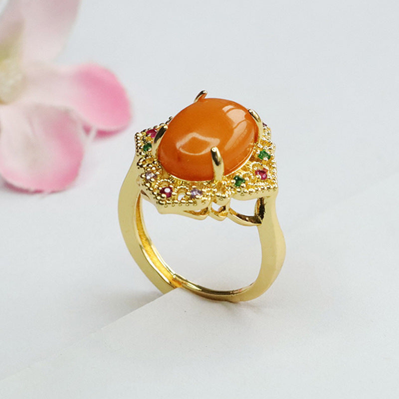 Colorful Zircon Ruyi Ring Needle Sterling Silver Beeswax Amber Ring