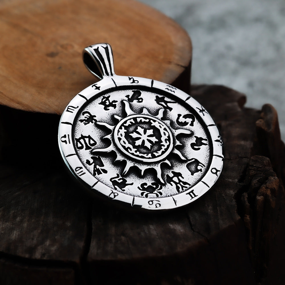 Twelve Constellation Star Compass Stainless Steel Necklace Pendant for Men