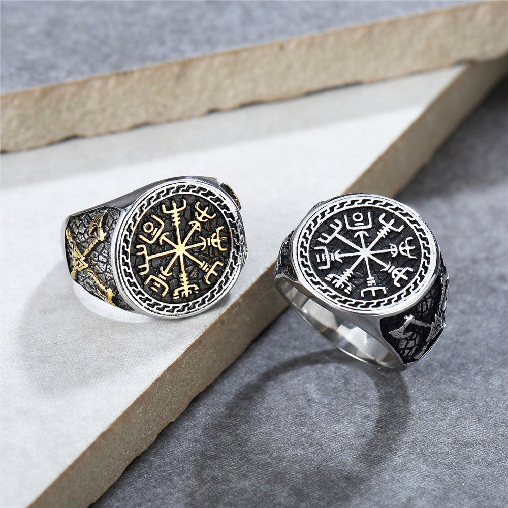 Planderful Nordic Viking Axe Totem Compass Ring Unisex Personalized Protection Retro Titanium Steel Jewelry