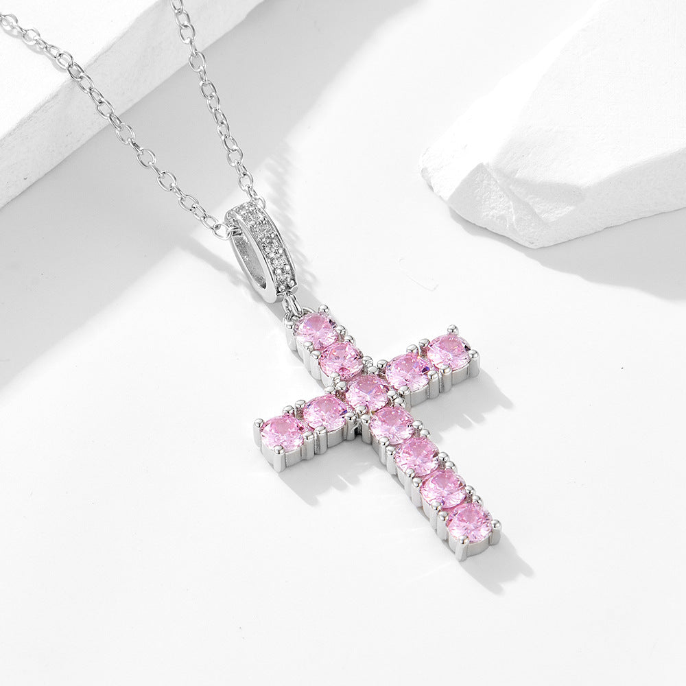 Hip Hop Cross Necklace 925 Sterling Silver Hipster Pink Zircon Pendant