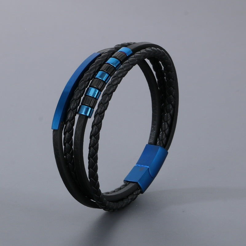 Stainless Steel Black Gold Beaded Leather Cord Bracelet – Multi-Layer Woven Magnetic