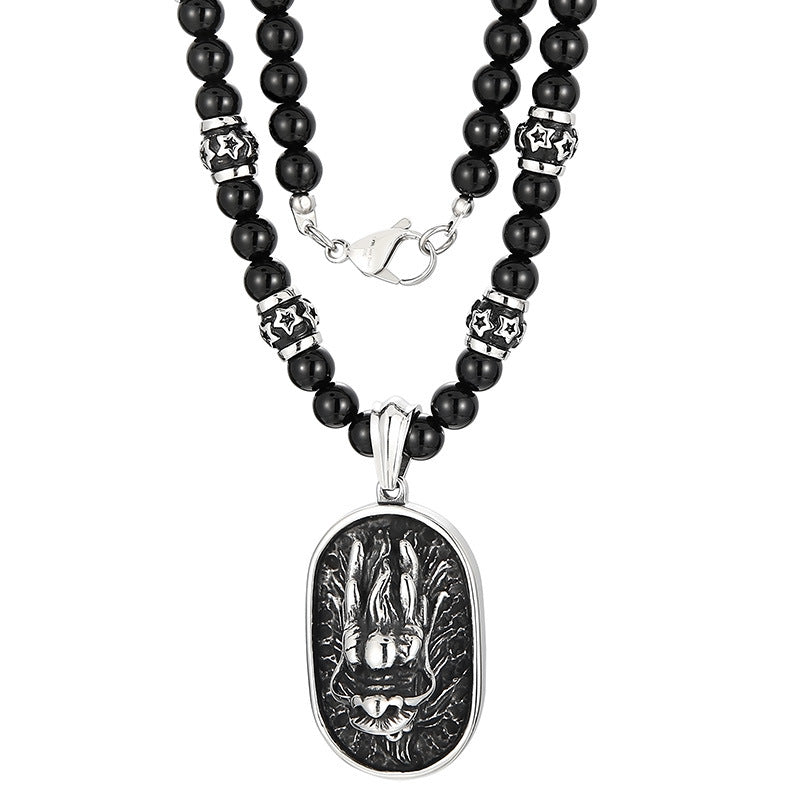 Punk Agate Bead Wolf Head Necklace for Men in Titanium Steel