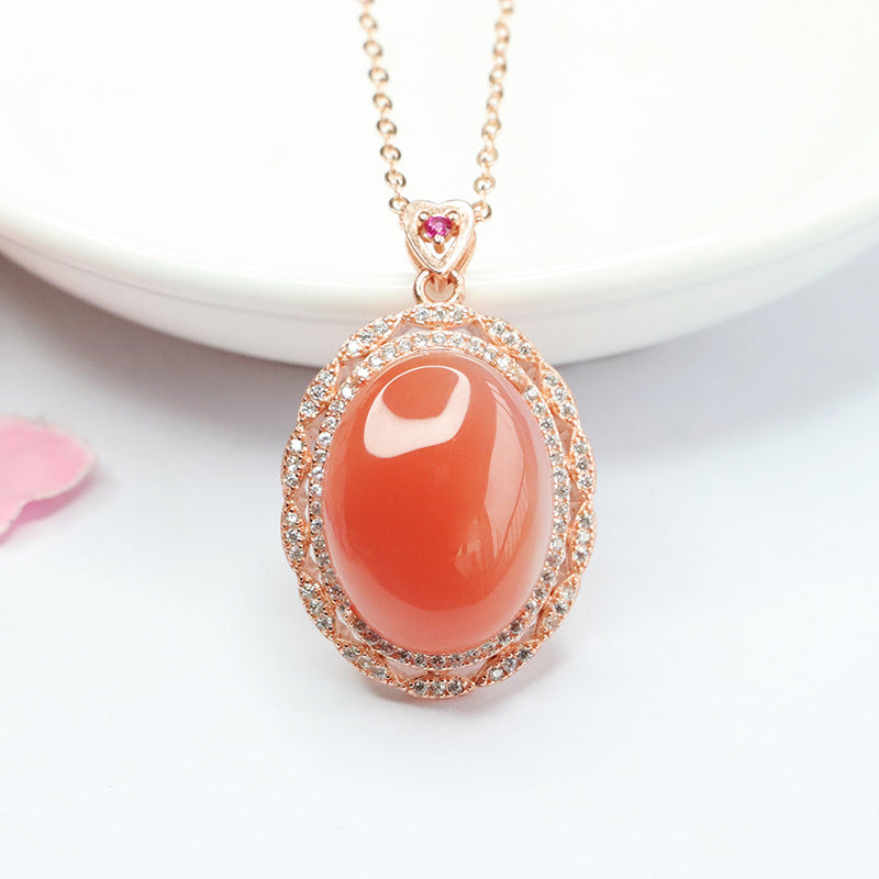 Pigeon Egg Agate Pendant with Double Zircon Halo Necklace