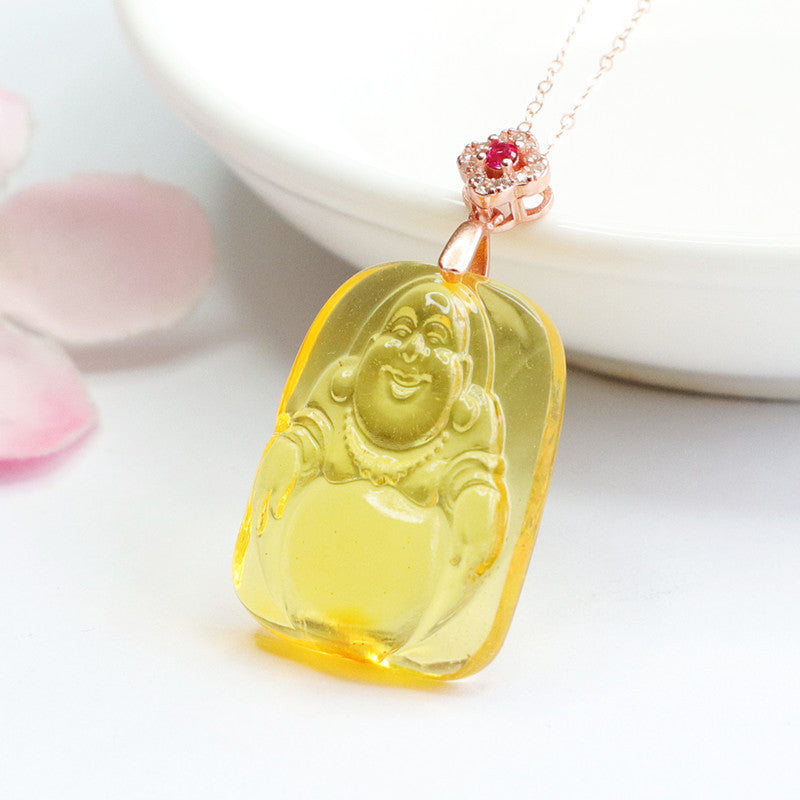 Buddha Amber Necklace with Rose Gold Accent