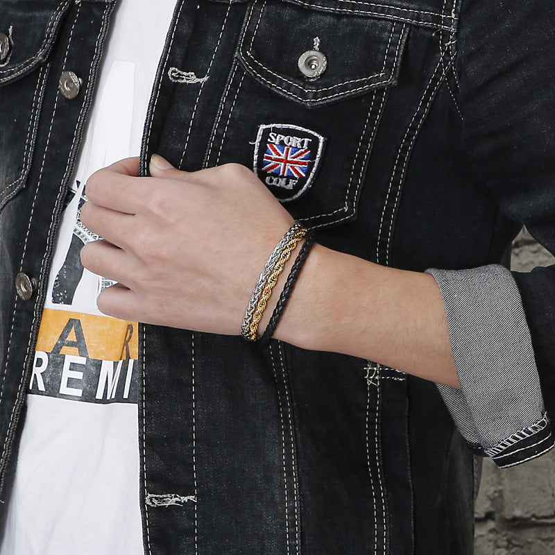 Planderful Mens Leather 3 Layer Stainless Steel Bracelet