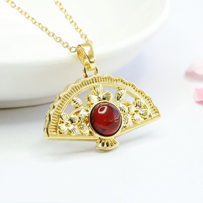Elegant Round Honey Amber Fan Pendant Traditional Asian Jewellery