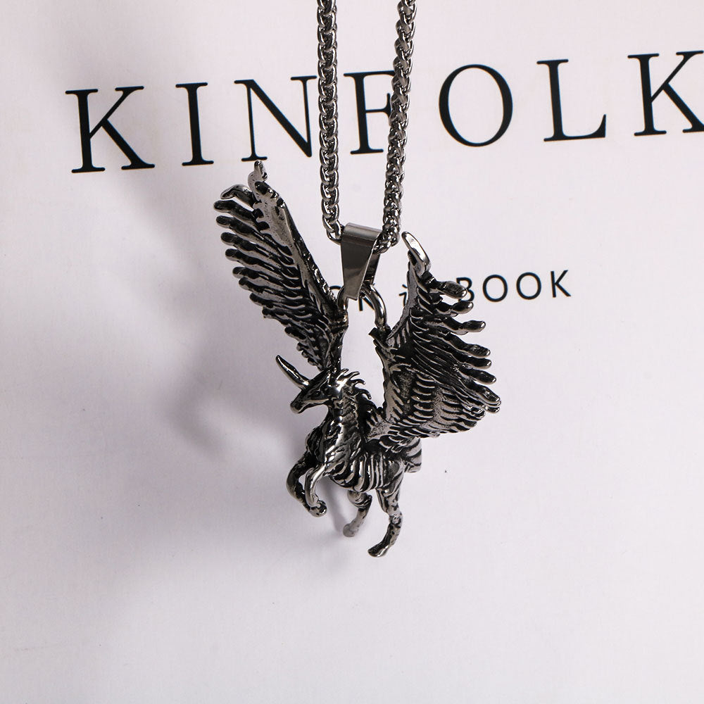 Tianma Men's Stainless Steel Necklace Pendant – Locomotive Hip-Hop Unicorn Wing