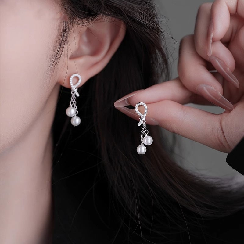 S925 Sterling Silver Rope Knot Imitation Pearl Stud Earrings