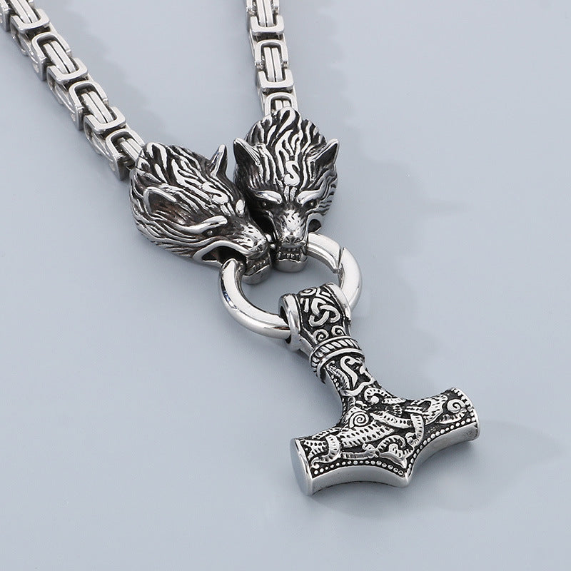 Viking Wolf Head Pendant Necklace with Thor's Hammer Stainless Steel Chain for Men