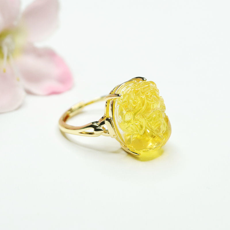 Golden Amber Pixiu Sterling Silver Ring with Beeswax Detail