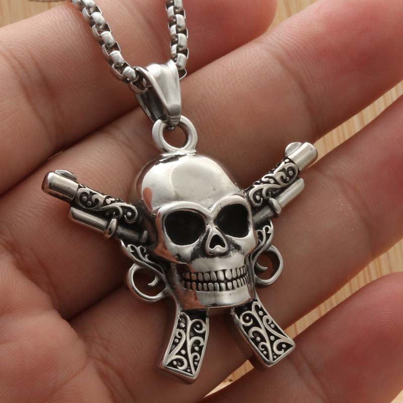 Punk-Inspired Titanium Steel Skull Pendant Necklace for Men - Retro Trendy Design by Planderful