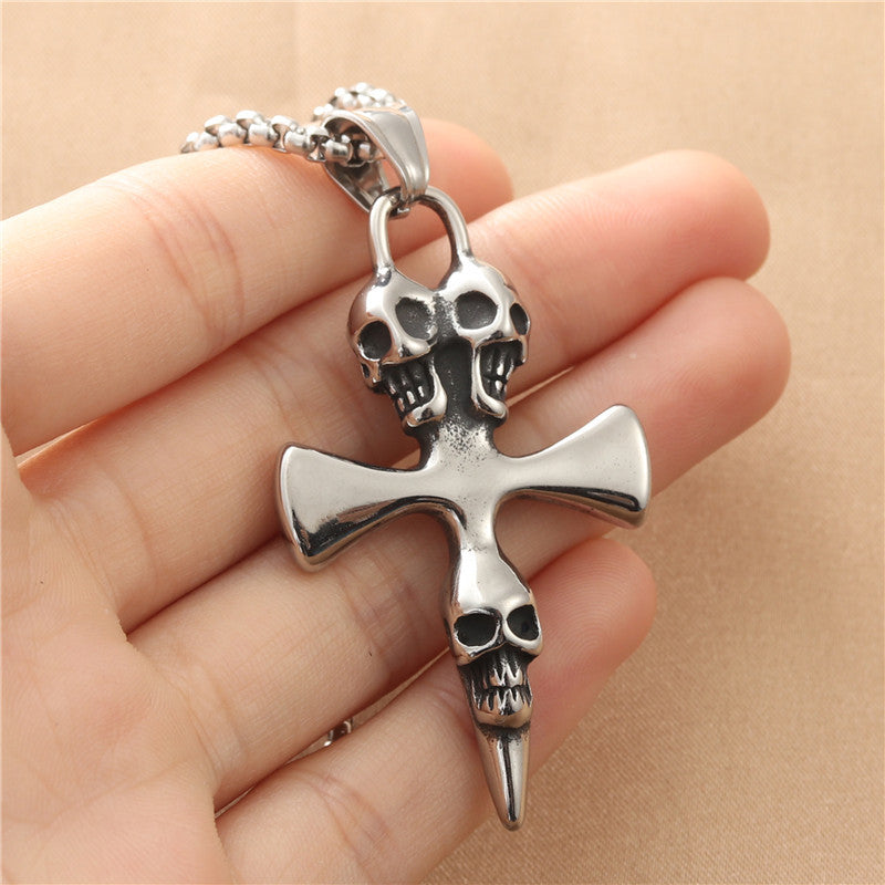Personalized Retro Titanium Steel Cross Pendant Necklace for Men with Ghost Head Design