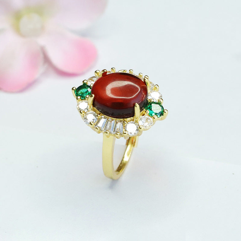 Blood Amber Oval Ring with Zircon Petals Halo, Sterling Silver and Beeswax Amber Jewelry