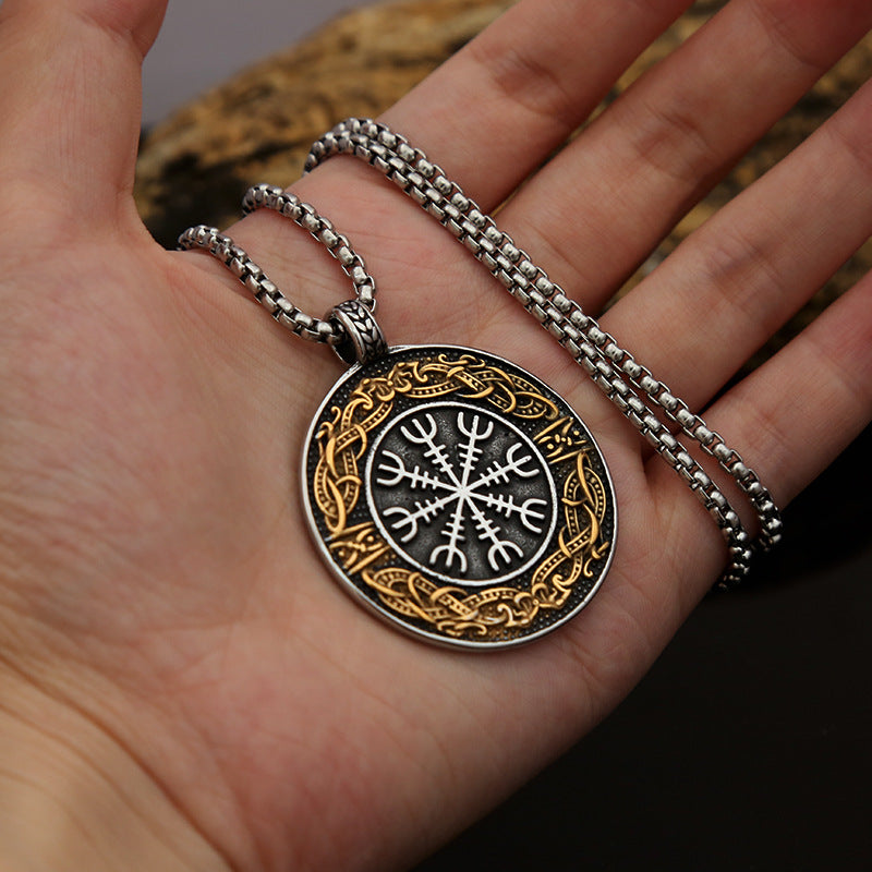 Amazon Foreign Trade Hot-Selling Accessories Men's Stainless Steel Viking Compass Round Pendant Necklace