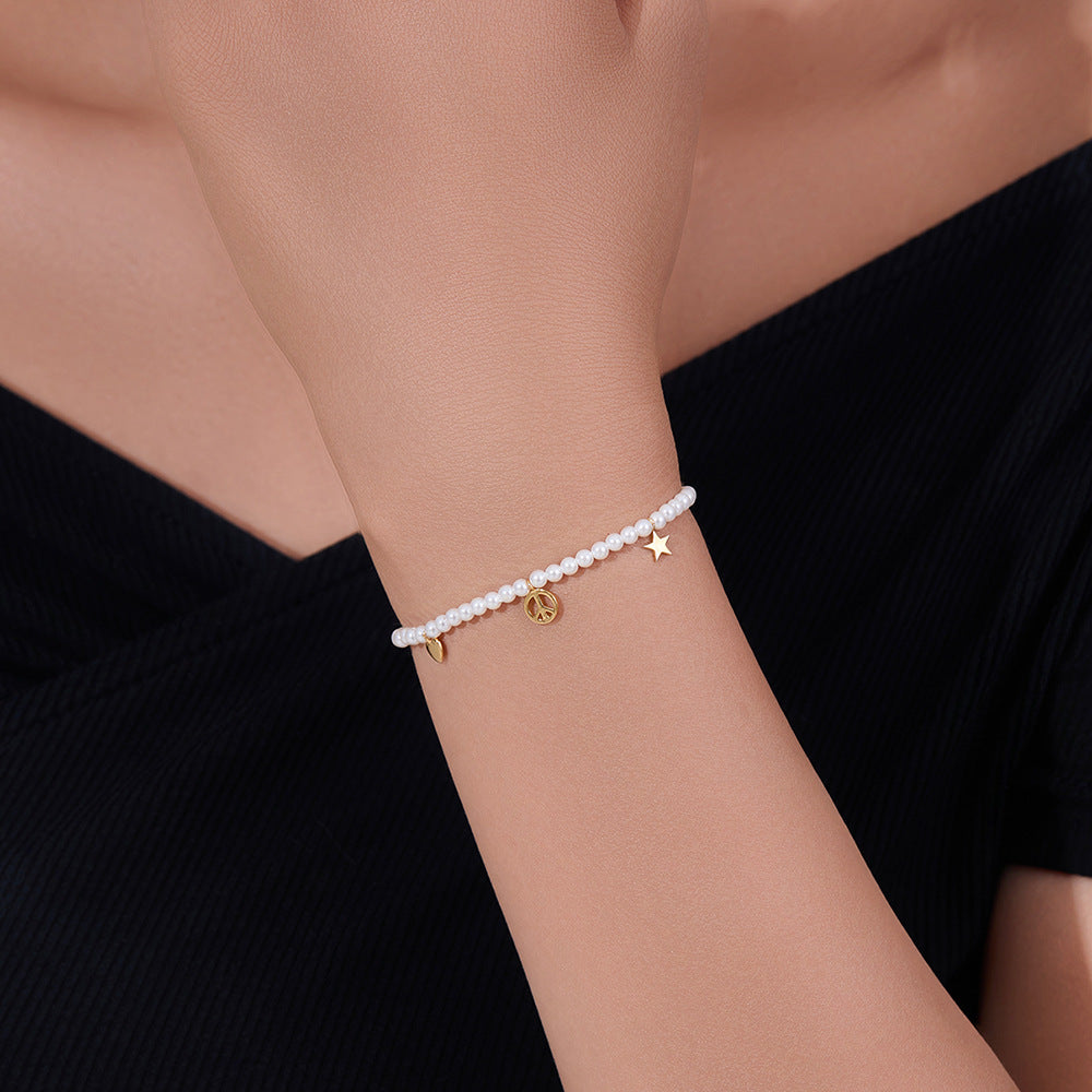 925 Sterling Silver Gold-Plated French Romantic Style Pearl Bracelet Elegant