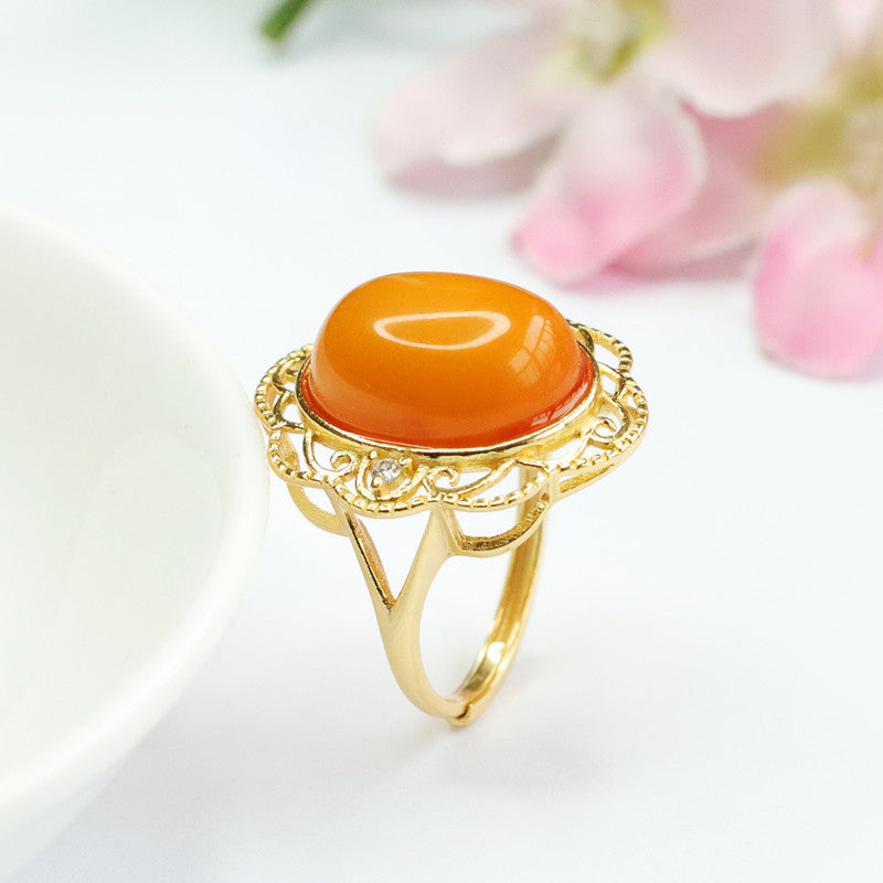 Hollow Flower Sterling Silver Amber Ring with Natural Beeswax