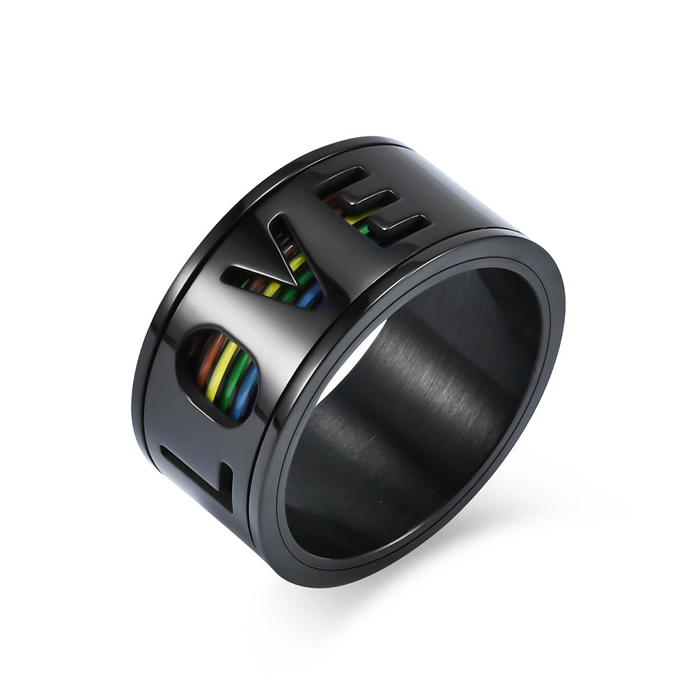 Cross-Border Amazon LOVE Rotating Titanium Steel Rainbow Ring
