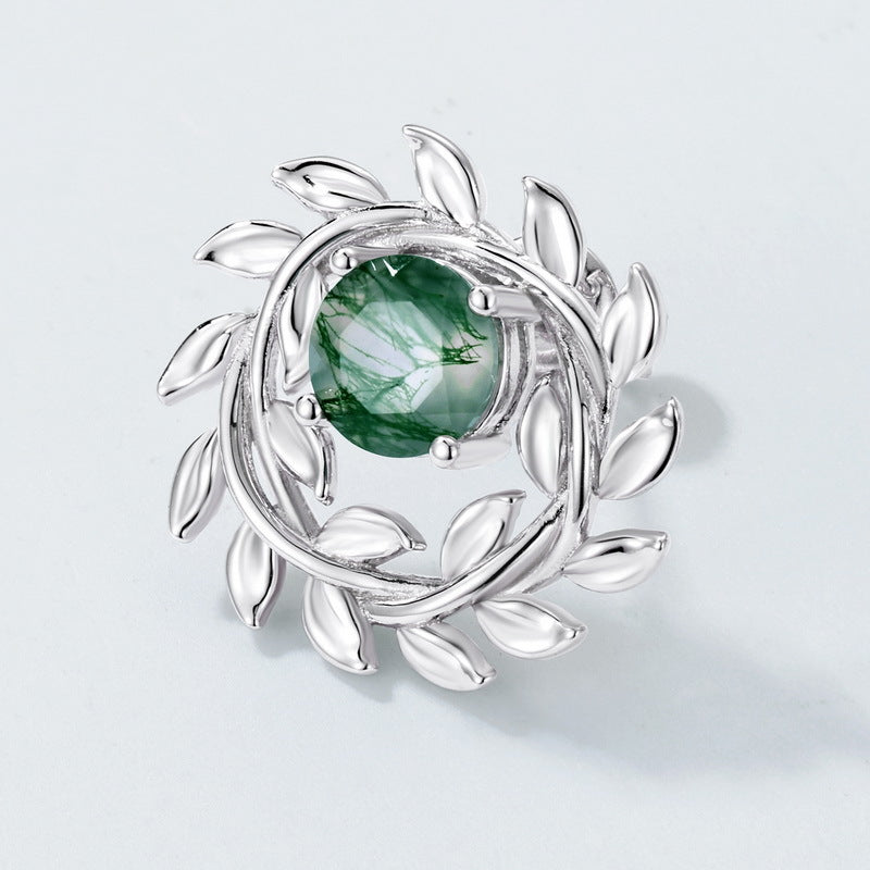 S925 Sterling Silver Moss Agate Olive Branch Stud Earrings