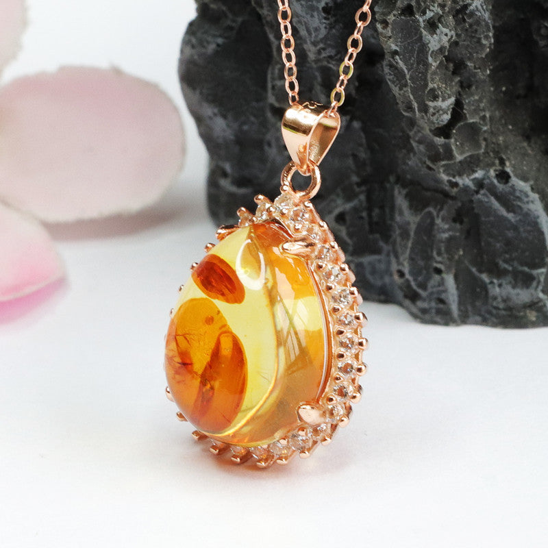 Rose Gold Necklace with Beeswax Amber Pendant and Zircon Halo