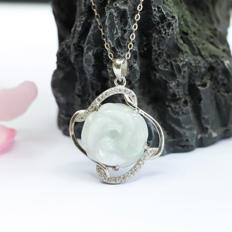 Elegant A Grade Rose Jade Pendant Necklace in Sterling Silver